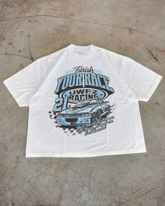 White + Powder Blue "FINISH YOUR RACE" Oversized T-Shirt
