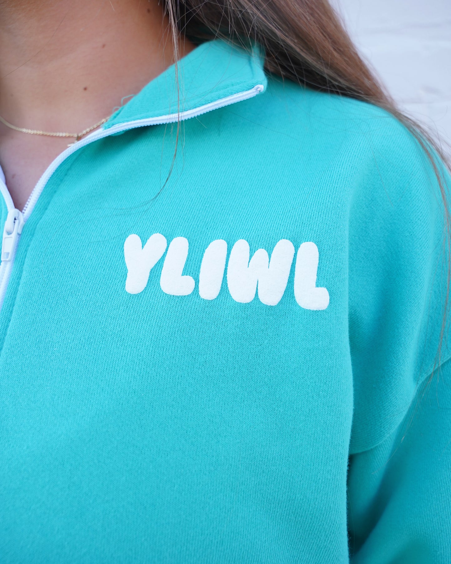 Teal + White PUFF PRINT "YLIWL" Half Zip Cropped Pullover