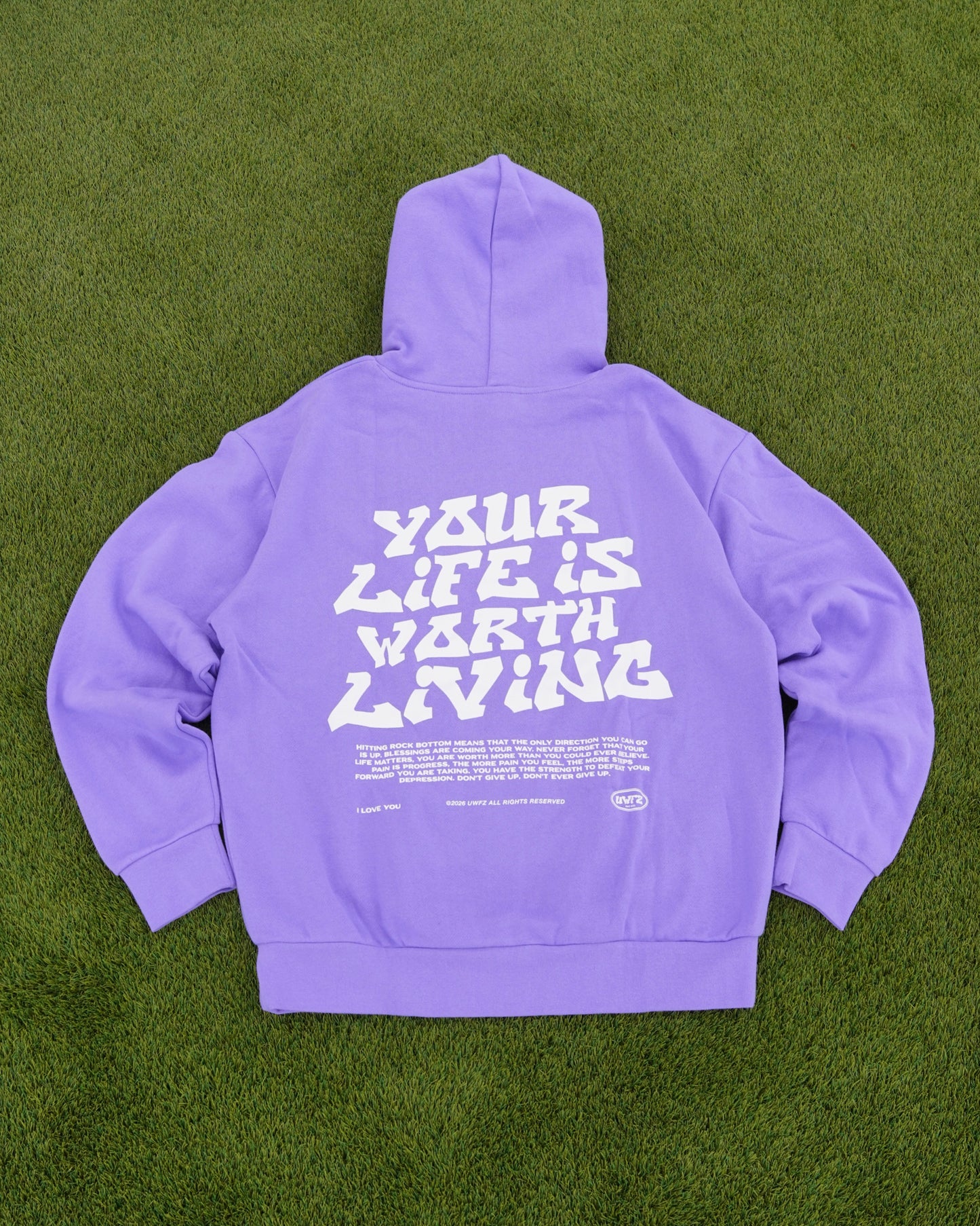 Purple "YOUR LIFE IS WORTH LIVING" Hoodie (Mid-Light Weight Hoodie)