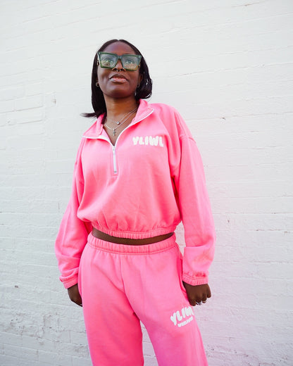 Pink + White PUFF PRINT "YLIWL" Half Zip Cropped Pullover