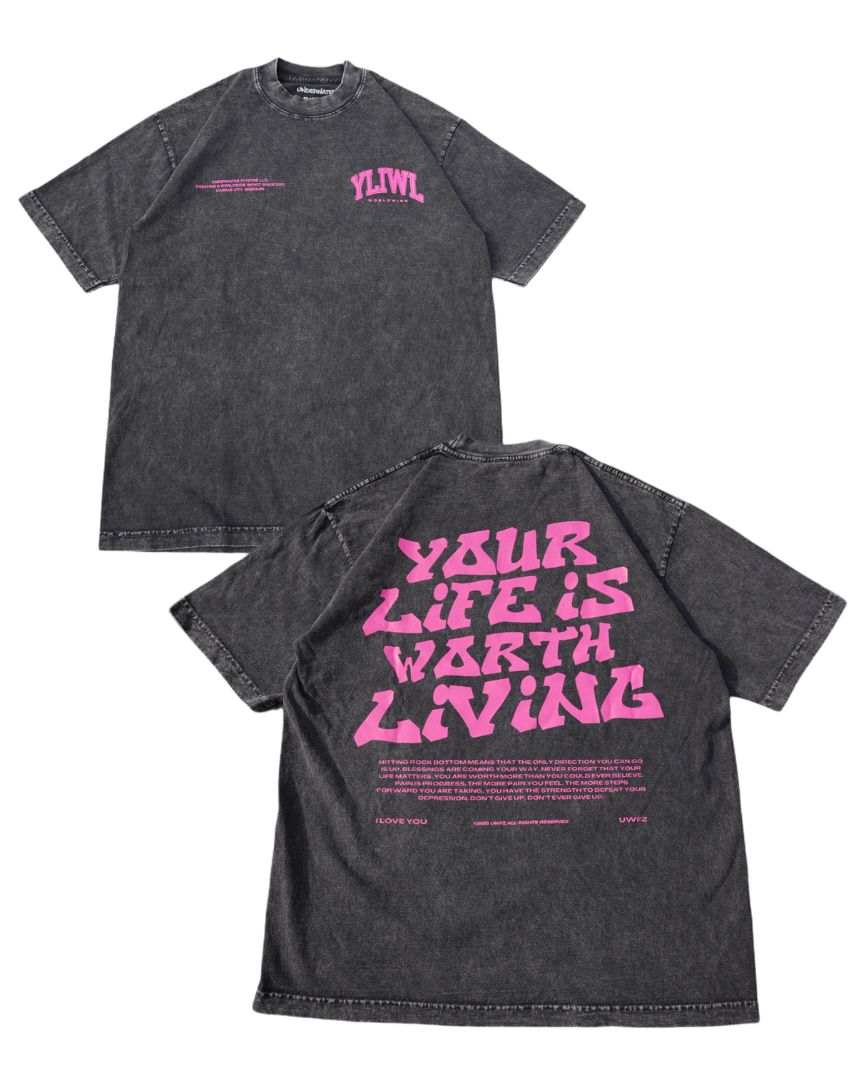 Mineral Wash Black + Pink "YOUR LIFE IS WORTH LIVING" Heavy Weight T-Shirt