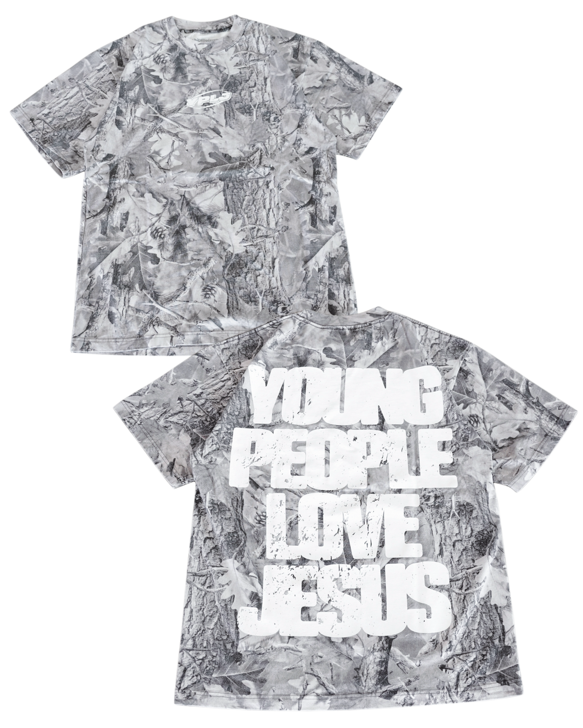 B&W Camo + White "YOUNG PEOPLE LOVE JESUS" T-Shirt