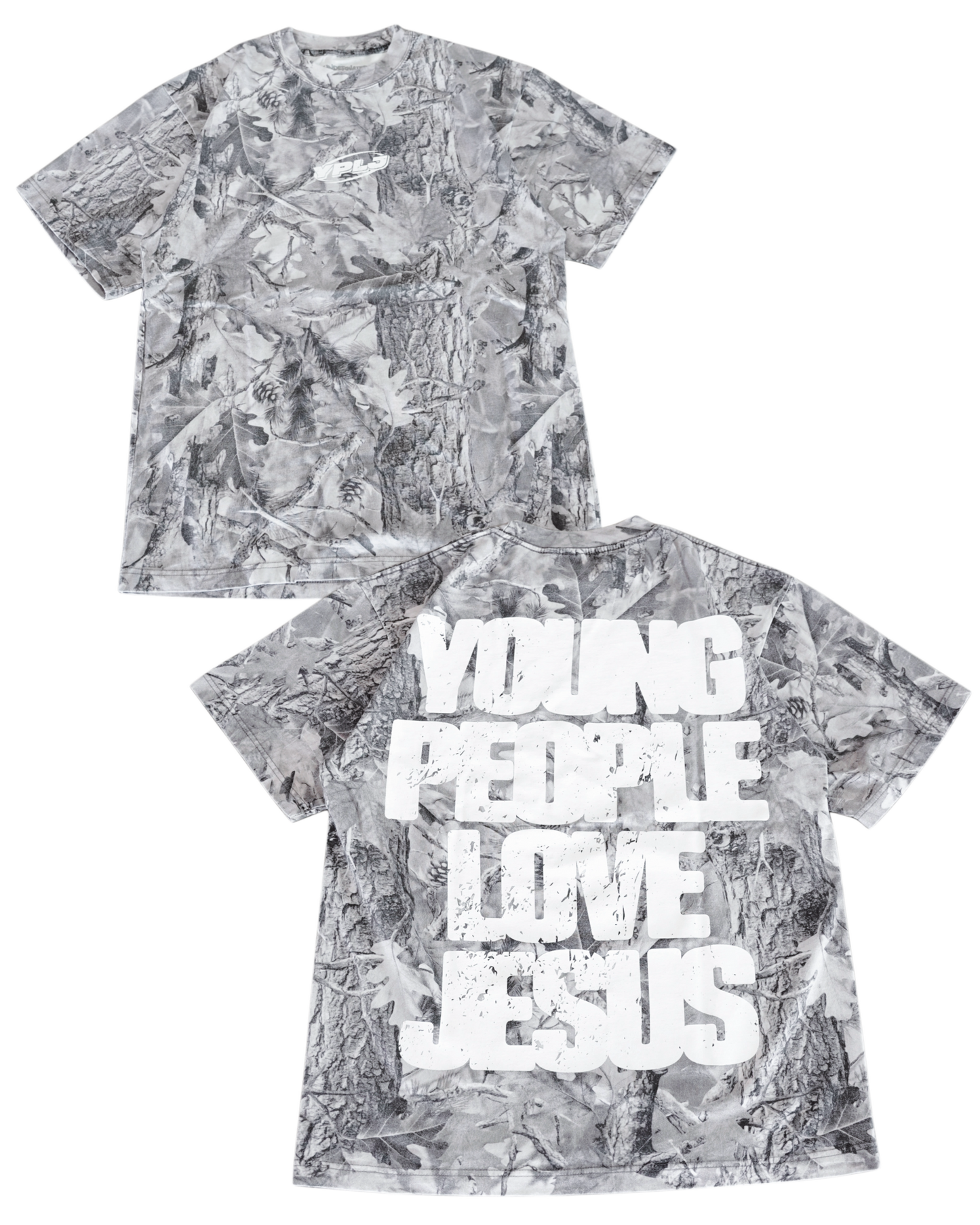 B&W Camo + White "YOUNG PEOPLE LOVE JESUS" T-Shirt