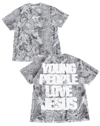 B&W Camo + White "YOUNG PEOPLE LOVE JESUS" T-Shirt