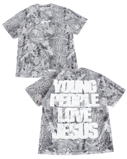 B&W Camo + White "YOUNG PEOPLE LOVE JESUS" T-Shirt
