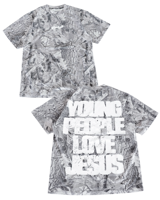 B&W Camo + White "YOUNG PEOPLE LOVE JESUS" T-Shirt