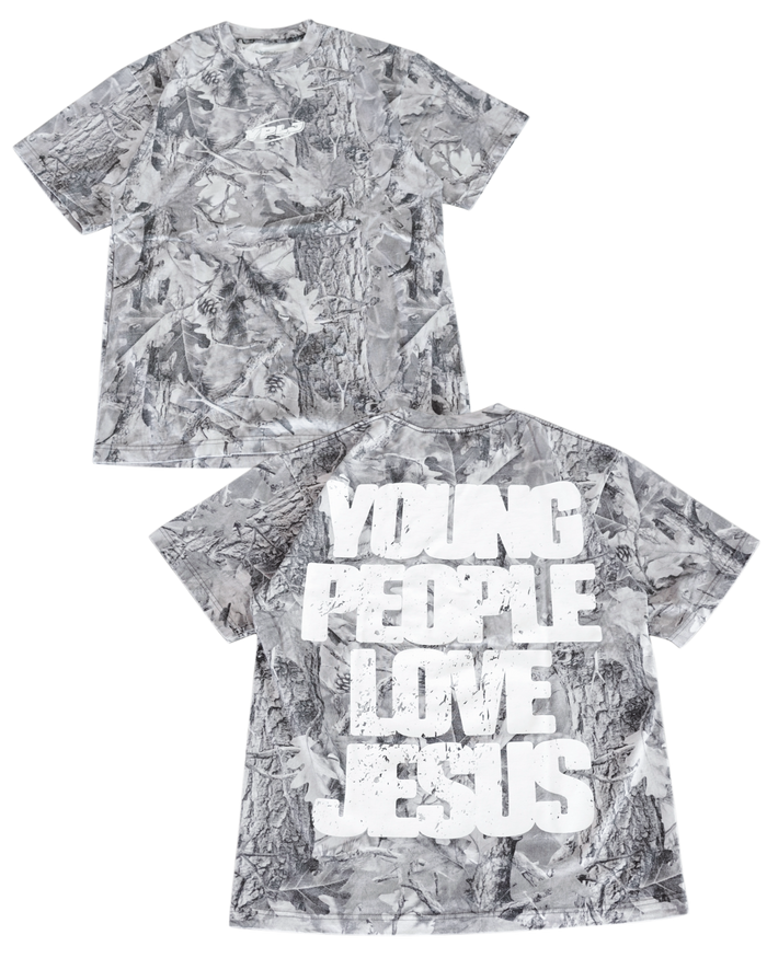 B&W Camo + White "YOUNG PEOPLE LOVE JESUS" T-Shirt
