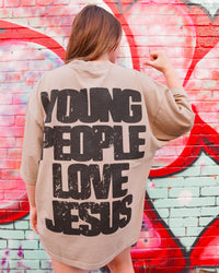 Khaki + Black "YOUNG PEOPLE LOVE JESUS" Oversized Boxy T-Shirt