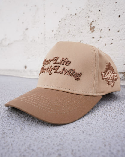 Tan + Brown "YOUR LIFE IS WORTH LIVING" Snapback Hat