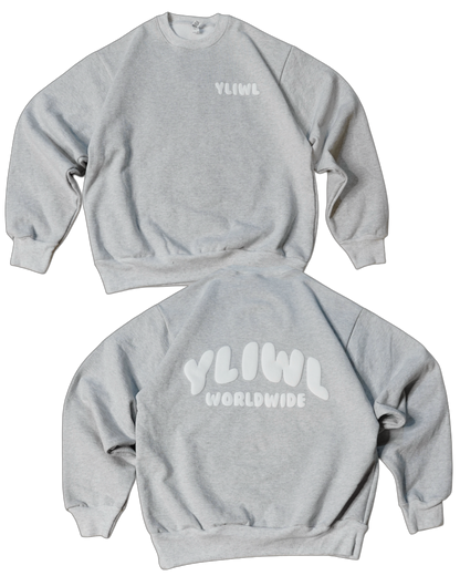 Heather Grey + White PUFF PRINT "YLIWL" Heavyweight Crew Neck
