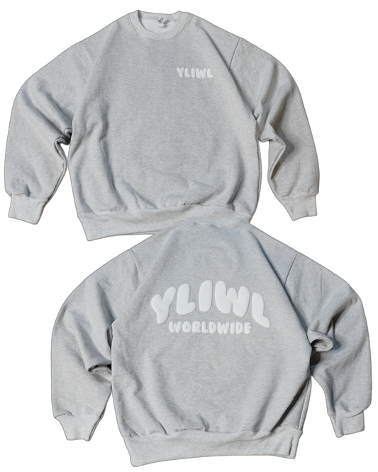 Heather Grey + White PUFF PRINT "YLIWL" Heavyweight Crew Neck