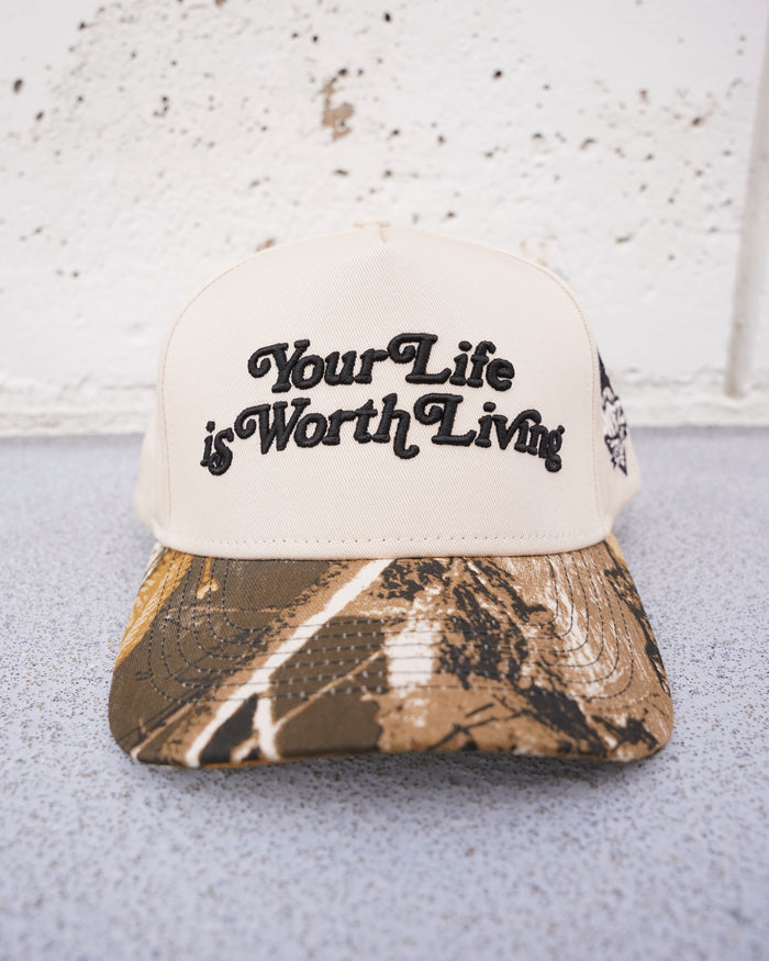 Camo + Cream "YOUR LIFE IS WORTH LIVING" Snapback Hat