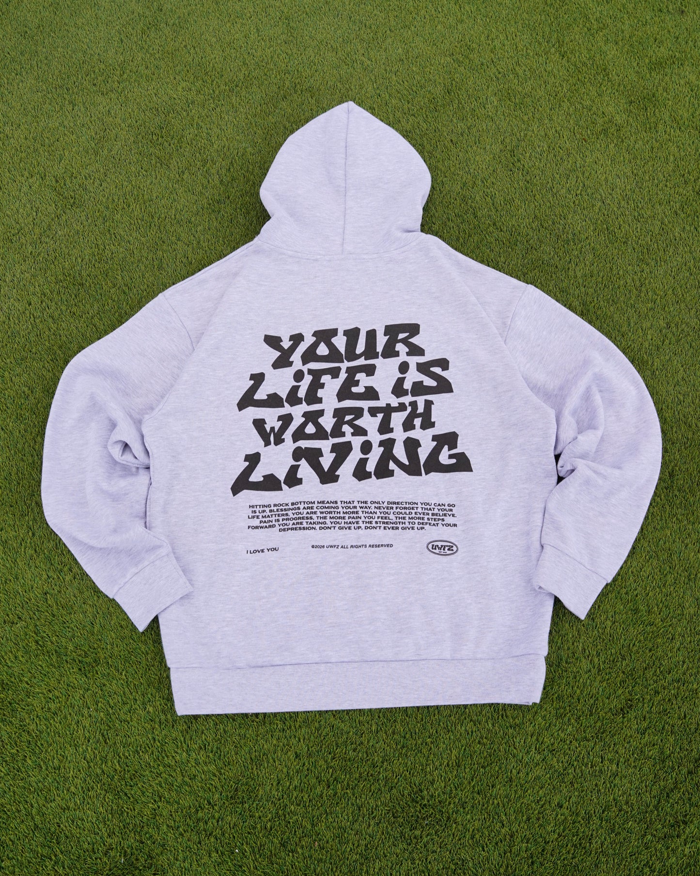 Grey + Black "YOUR LIFE IS WORTH LIVING" Hoodie (Mid-Light Weight Hoodie)