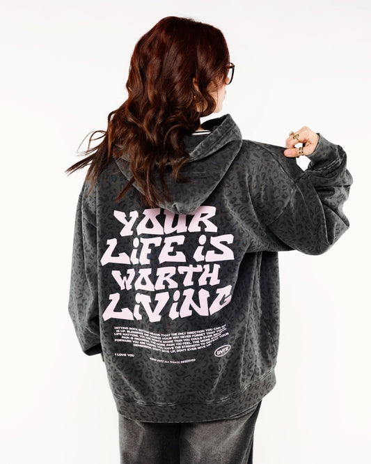 Vintage Black Cheetah + Pastel Pink Print "YOUR LIFE IS WORTH LIVING" Hoodie (100% Cotton)