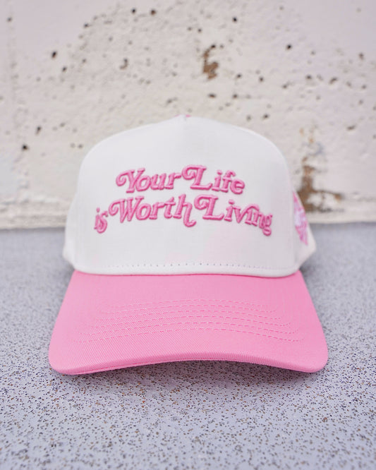 Pink + White "YOUR LIFE IS WORTH LIVING" Snapback Hat (Copy)