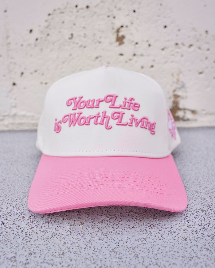 Pink + White "YOUR LIFE IS WORTH LIVING" Snapback Hat