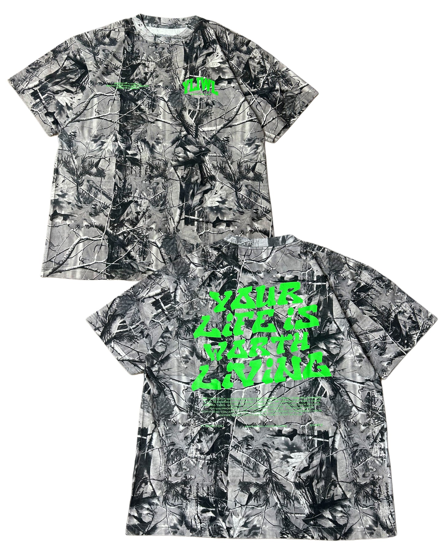 Green + B&W Camo "Your Life is Worth Living" Heavy Weight T-Shirt