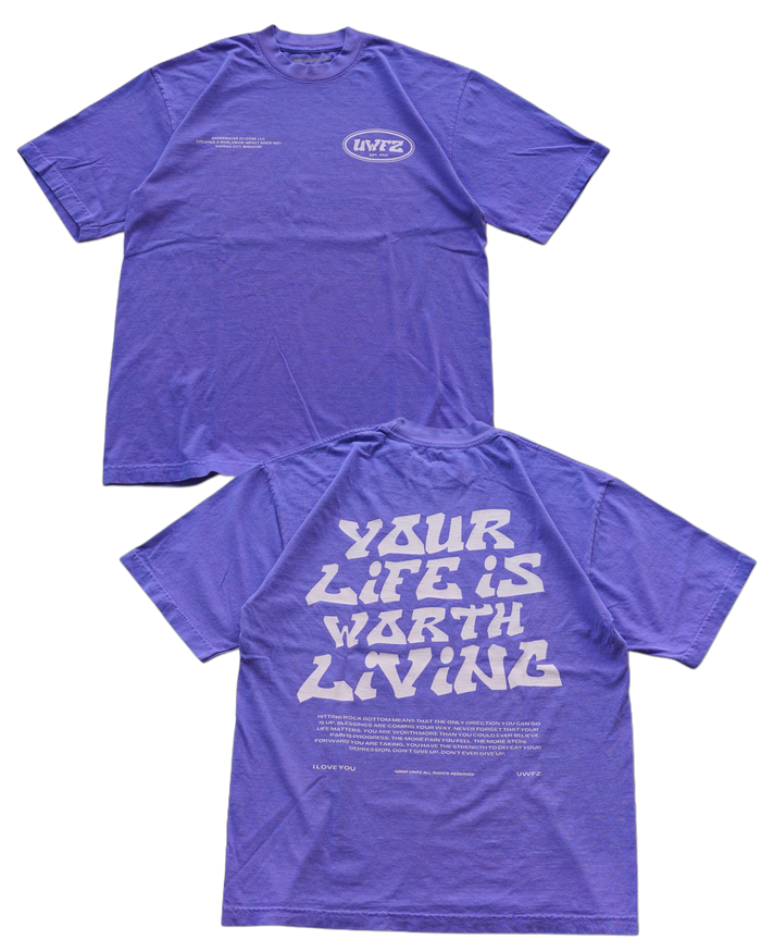 YOUR LIFE IS WORTH LIVING HEAVYWEIGHT TEE - NEON PURPLE