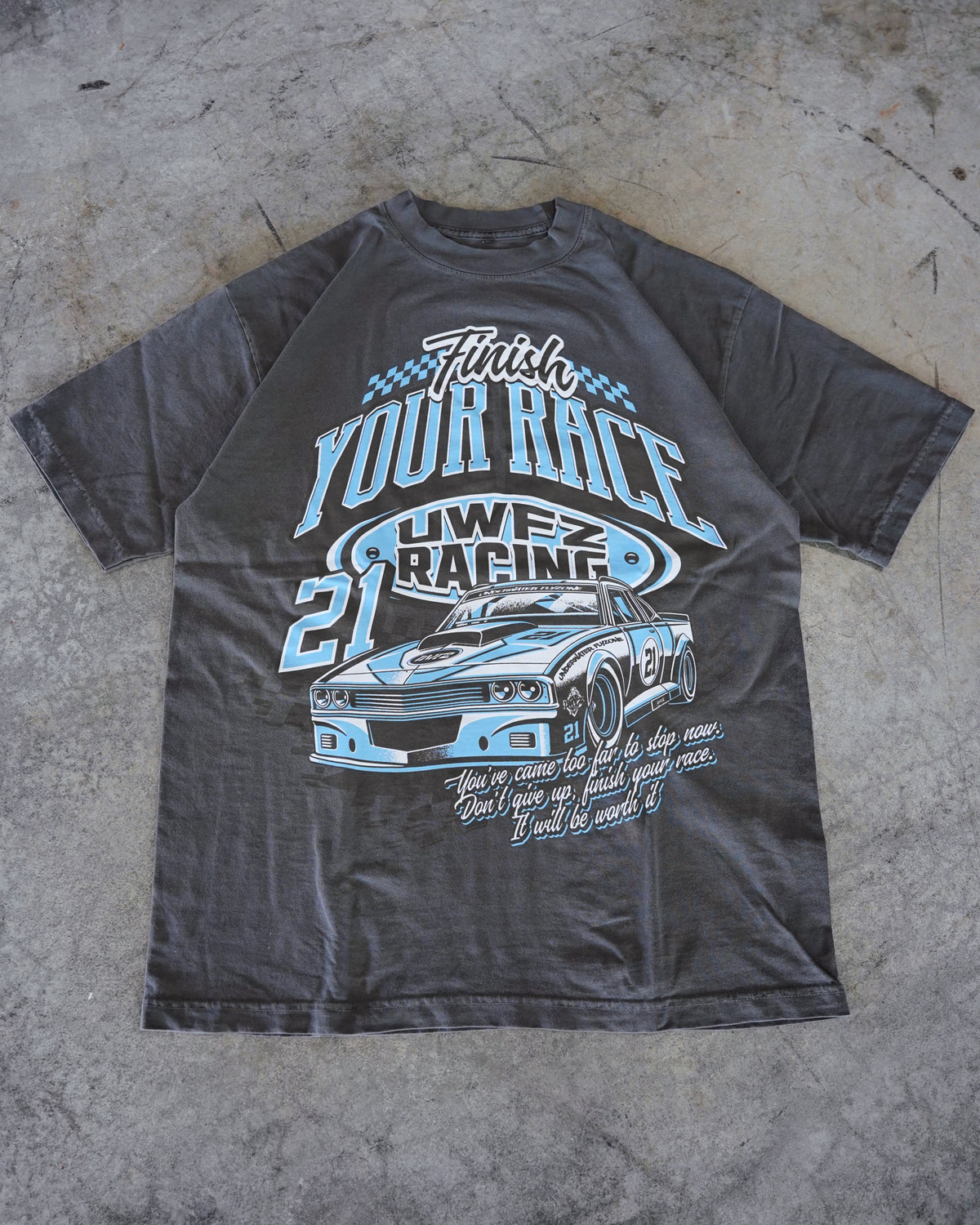 Vintage Black + Powder Blue “FINISH YOUR RACE" T-Shirt
