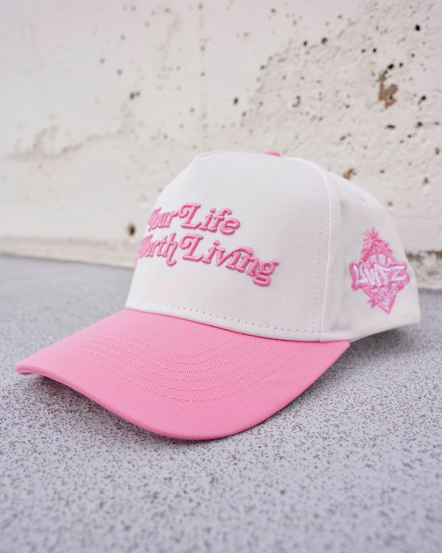 Pink + White "YOUR LIFE IS WORTH LIVING" Snapback Hat (Copy)