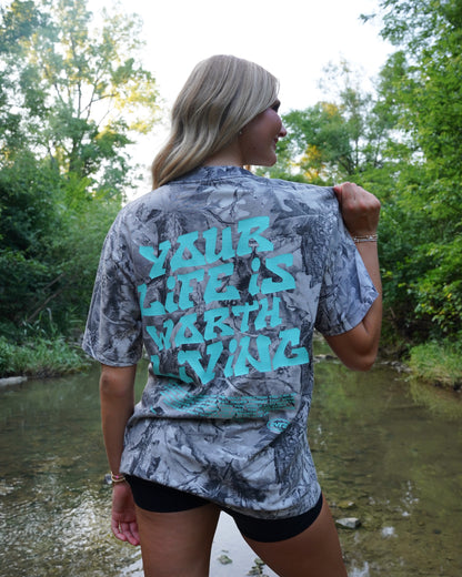 B&W Camo + Teal "Your Life is Worth Living" T-Shirt