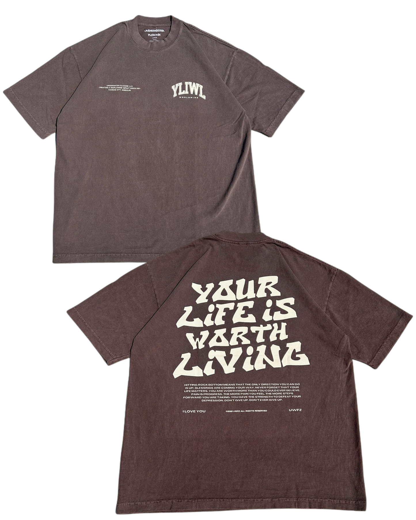 Vintage Brown + Cream "YOUR LIFE IS WORTH LIVING" Heavy Weight T-Shirt