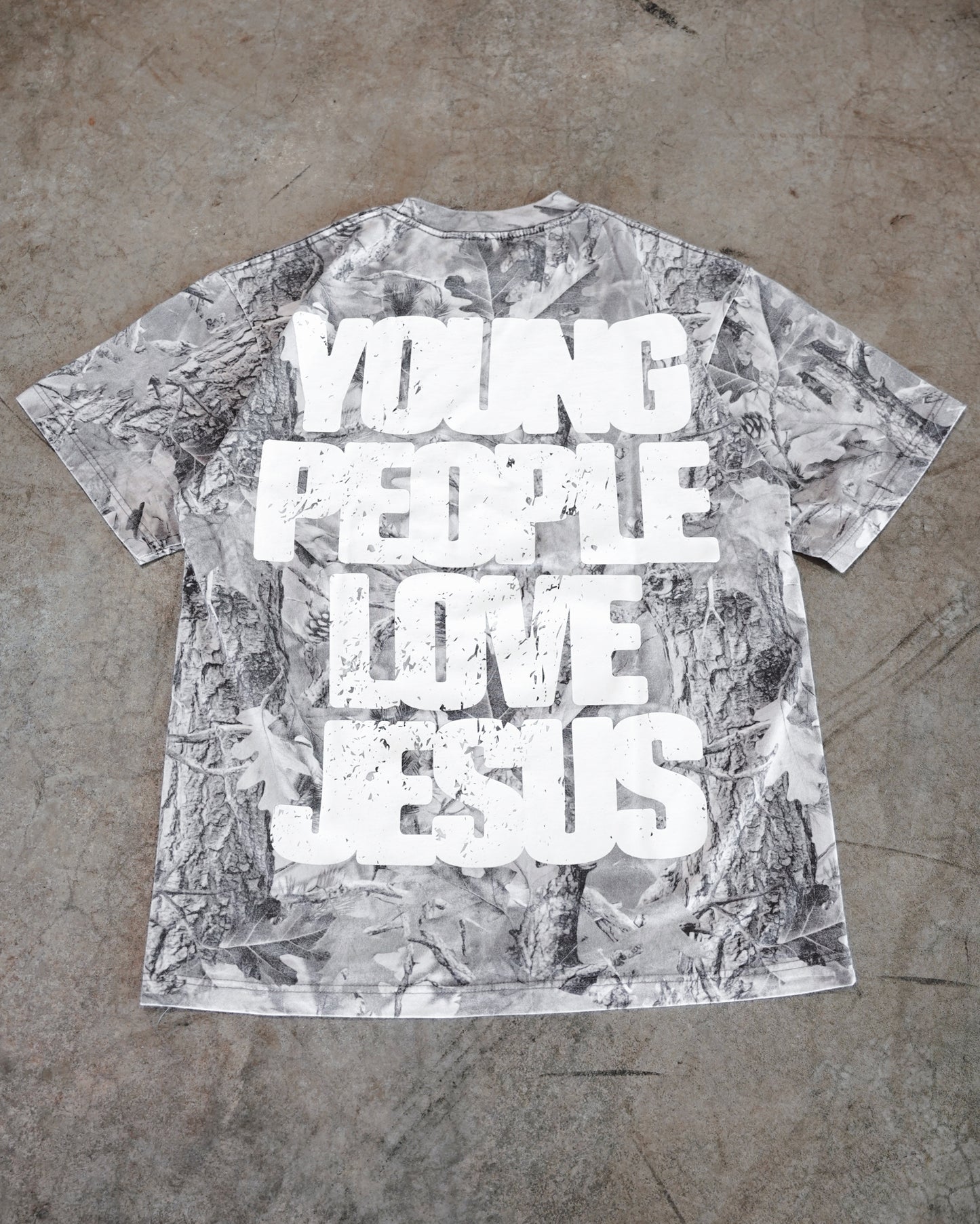 B&W Camo + White "YOUNG PEOPLE LOVE JESUS" T-Shirt