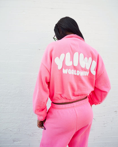 Pink + White PUFF PRINT "YLIWL" Half Zip Cropped Pullover