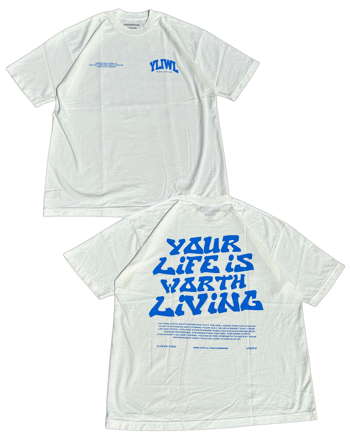 Off-White + Blue "YOUR LIFE IS WORTH LIVING" Heavy Weight T-Shirt