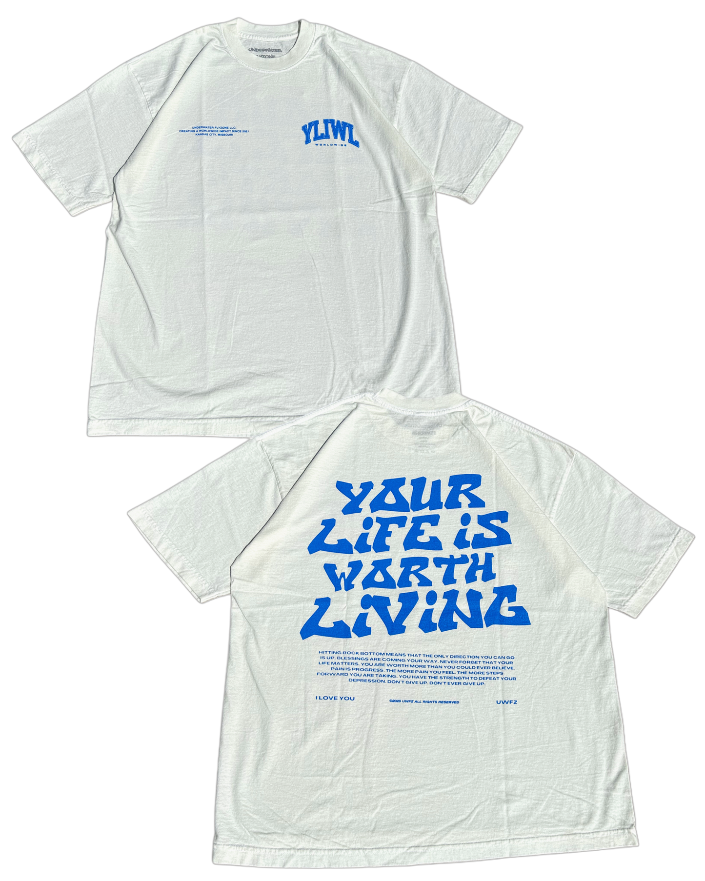 Off-White + Blue "YOUR LIFE IS WORTH LIVING" Heavy Weight T-Shirt
