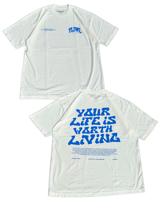 Off-White + Blue "YOUR LIFE IS WORTH LIVING" Heavy Weight T-Shirt