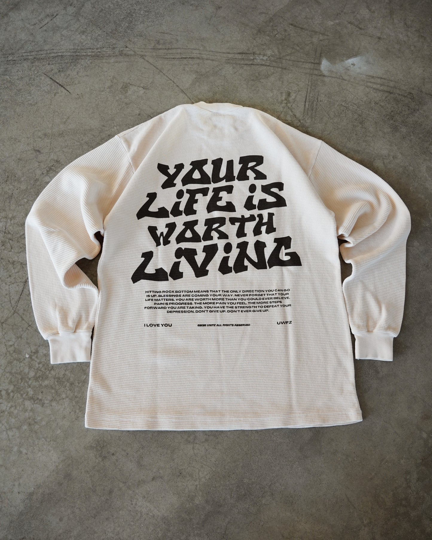 Cream + Black "YOUR LIFE IS WORTH LIVING" Thermal Long Sleeve (LIMITED)