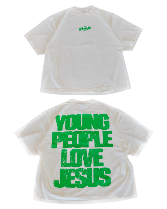 Cream + Green "YOUNG PEOPLE LOVE JESUS" Oversized T-Shirt