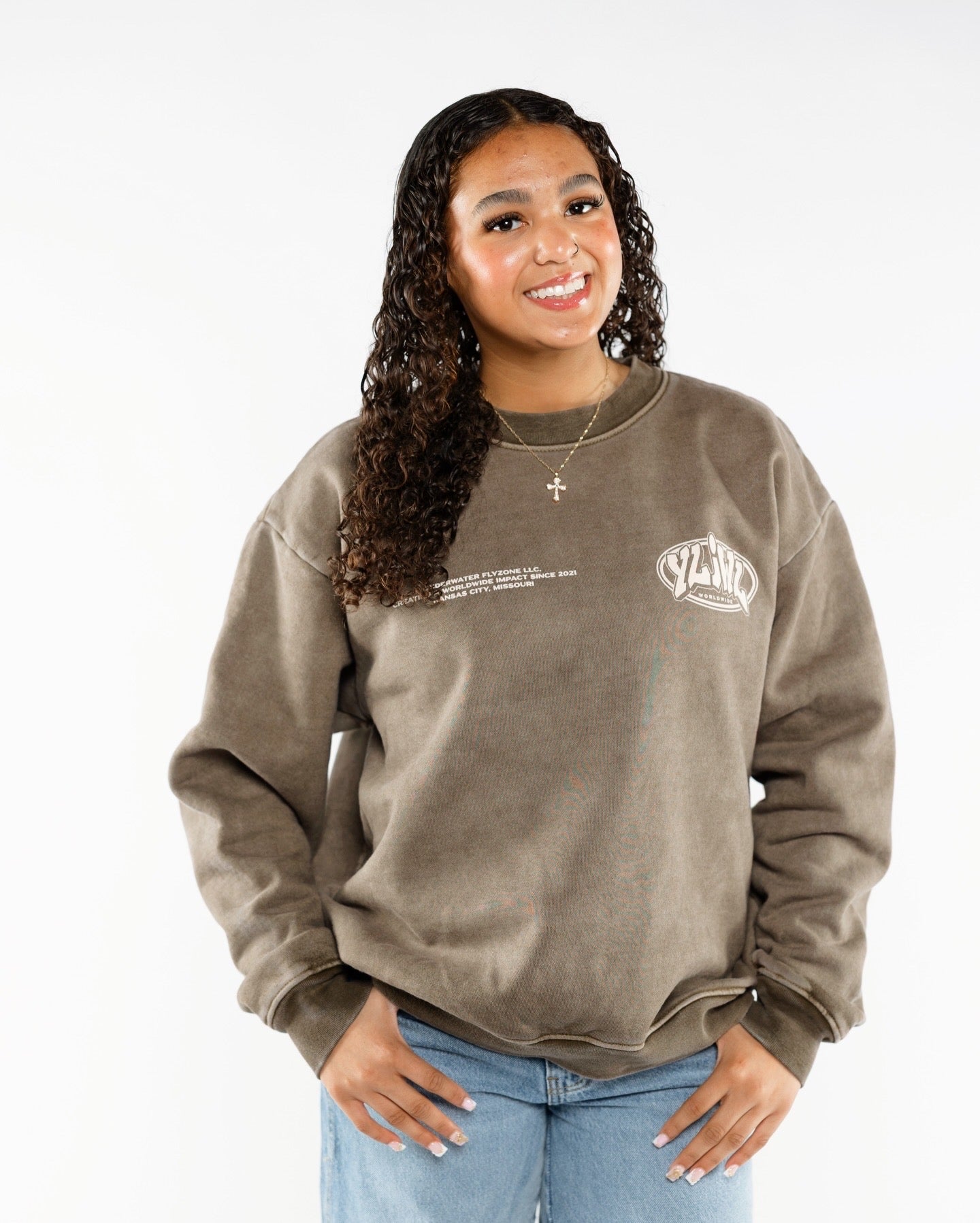 Faded Brown +.Tan Print "YOUR LIFE IS WORTH LIVING" Crewneck