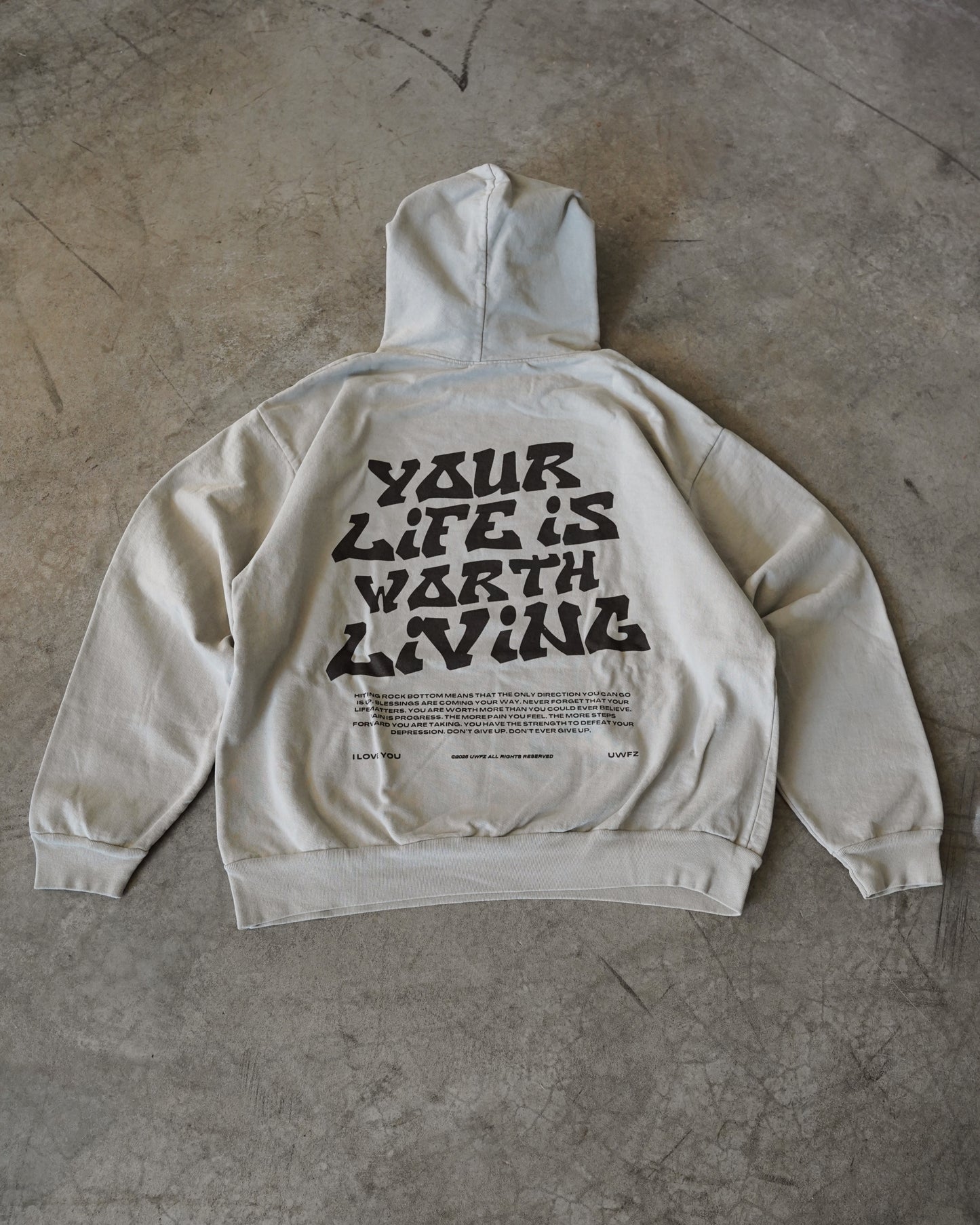 Black + Washed Sage "YOUR LIFE IS WORTH LIVING" Hoodie (Collectors Edition)