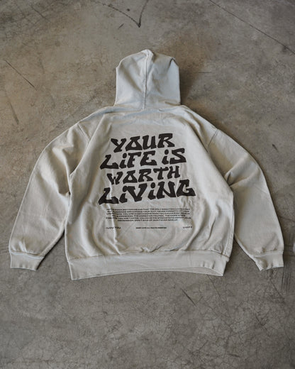 Black + Washed Sage "YOUR LIFE IS WORTH LIVING" Hoodie (Collectors Edition)