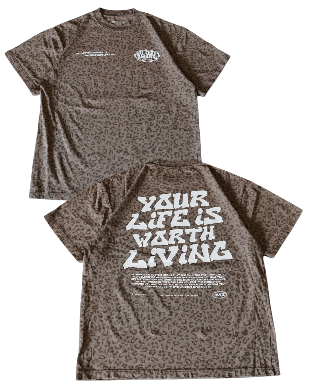 Brown Cheetah Print "Your Life is Worth Living" Heavy Weight T-Shirt