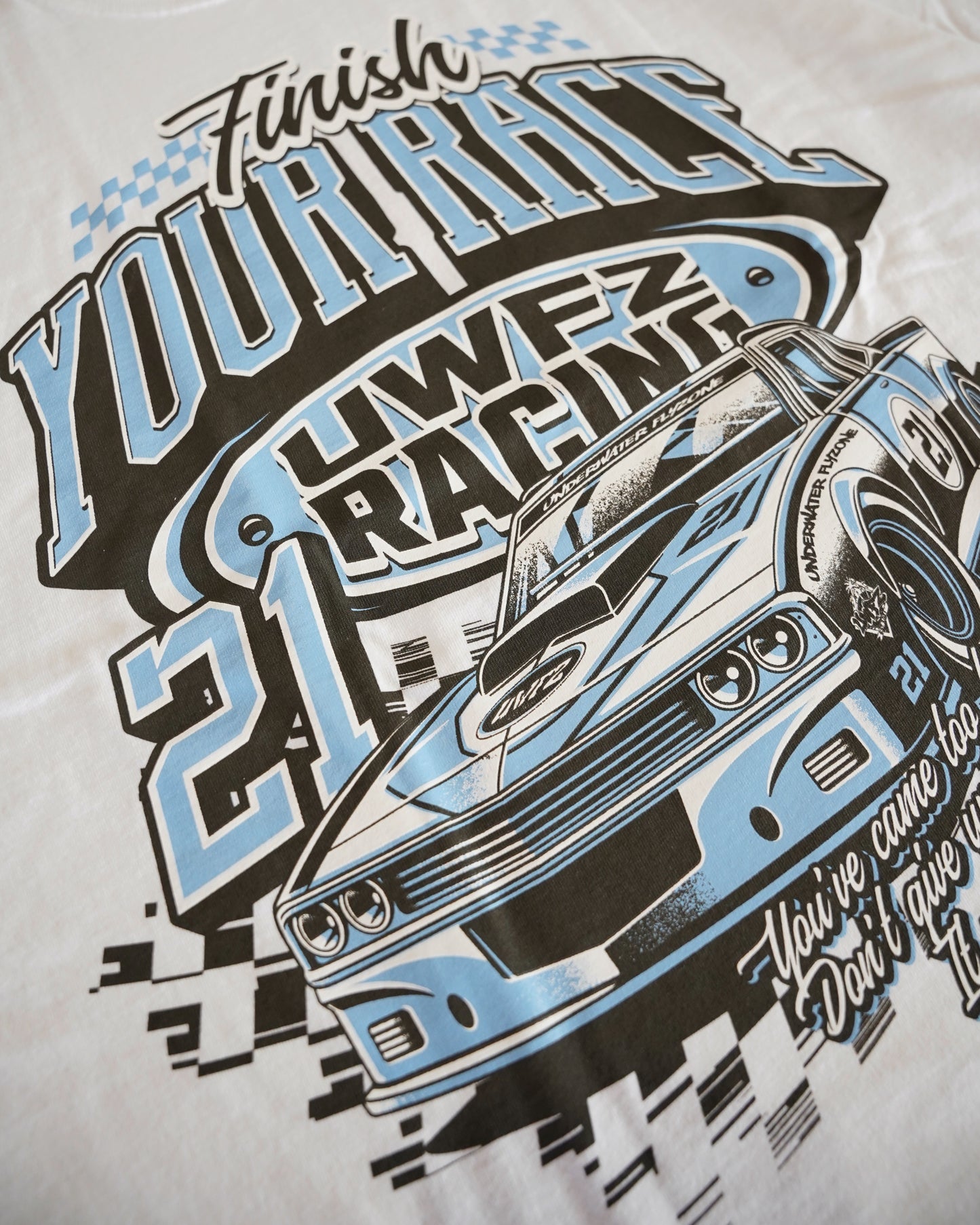 White + Powder Blue "FINISH YOUR RACE" Oversized T-Shirt