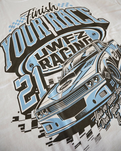 White + Powder Blue "FINISH YOUR RACE" Oversized T-Shirt