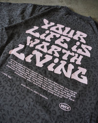Vintage Black Cheetah + Pastel Pink Print "Your Life is Worth Living" Heavy Weight T-Shirt