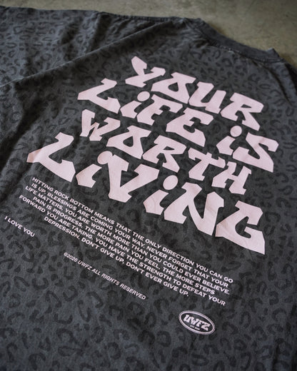 Vintage Black Cheetah + Pastel Pink Print "Your Life is Worth Living" Heavy Weight T-Shirt