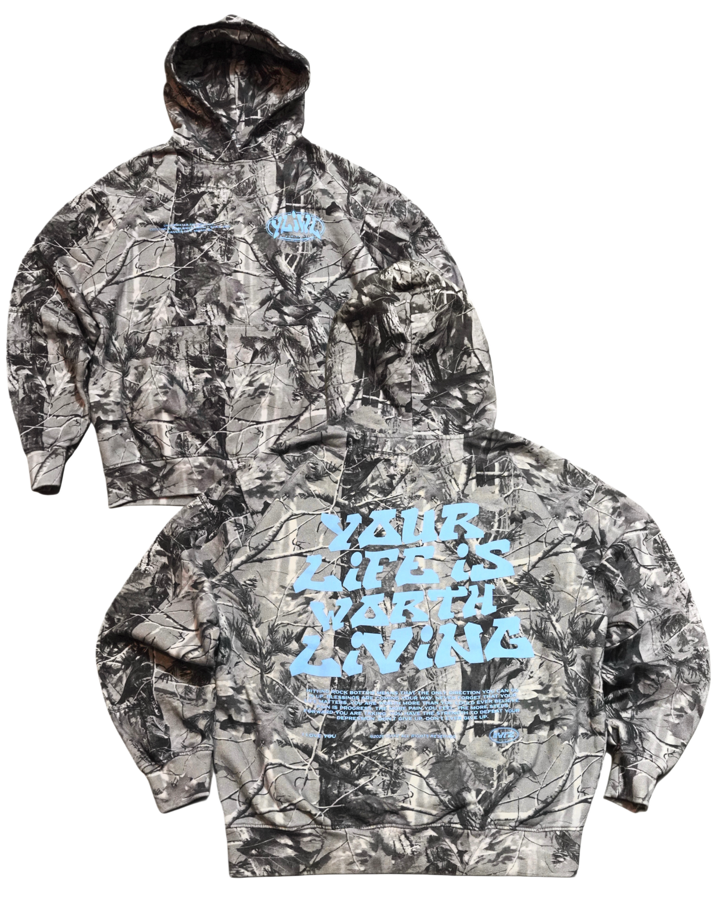 Camo + Powder Blue "YOUR LIFE IS WORTH LIVING" Hoodie (100% Cotton)
