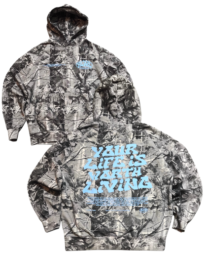 Camo + Powder Blue "YOUR LIFE IS WORTH LIVING" Hoodie (100% Cotton)