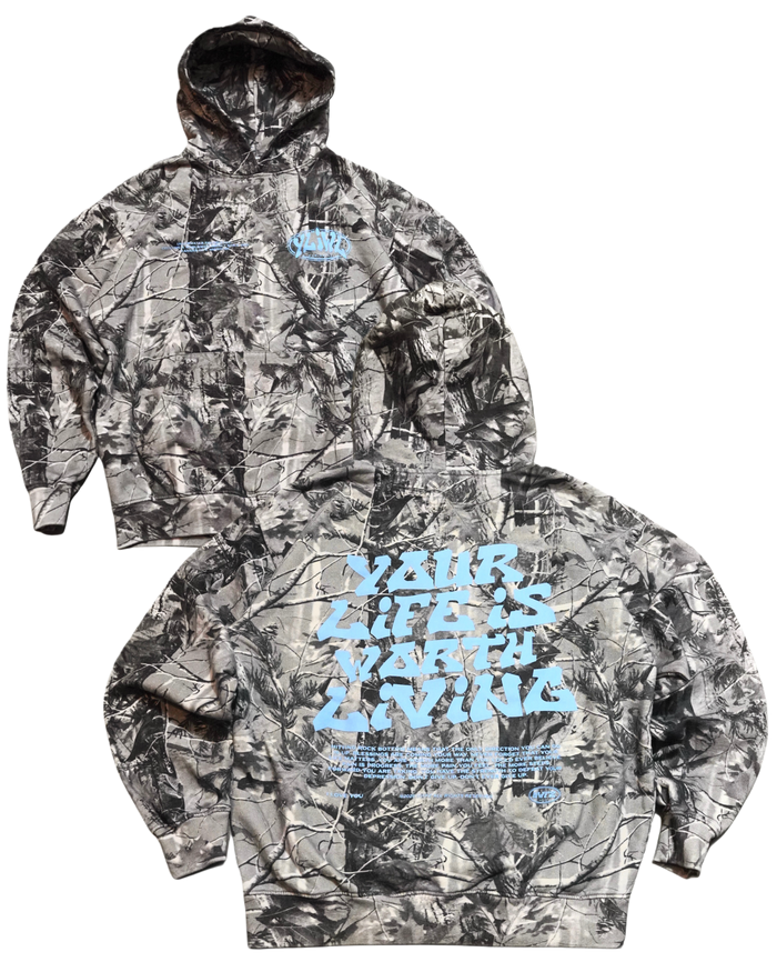 Camo + Powder Blue "YOUR LIFE IS WORTH LIVING" Hoodie (100% Cotton)