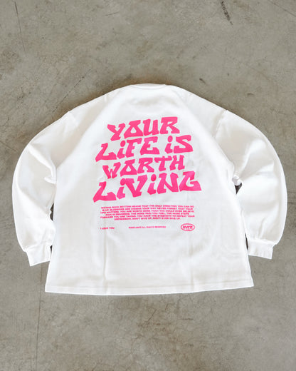 White + Pink "YOUR LIFE IS WORTH LIVING" Thermal Long Sleeve (LIMITED)