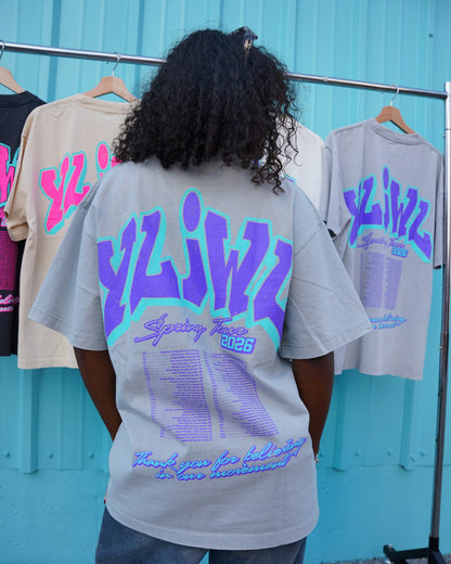 Purple + Teal on Vintage Grey YLIWL "Spring Tour 2026" T-Shirt