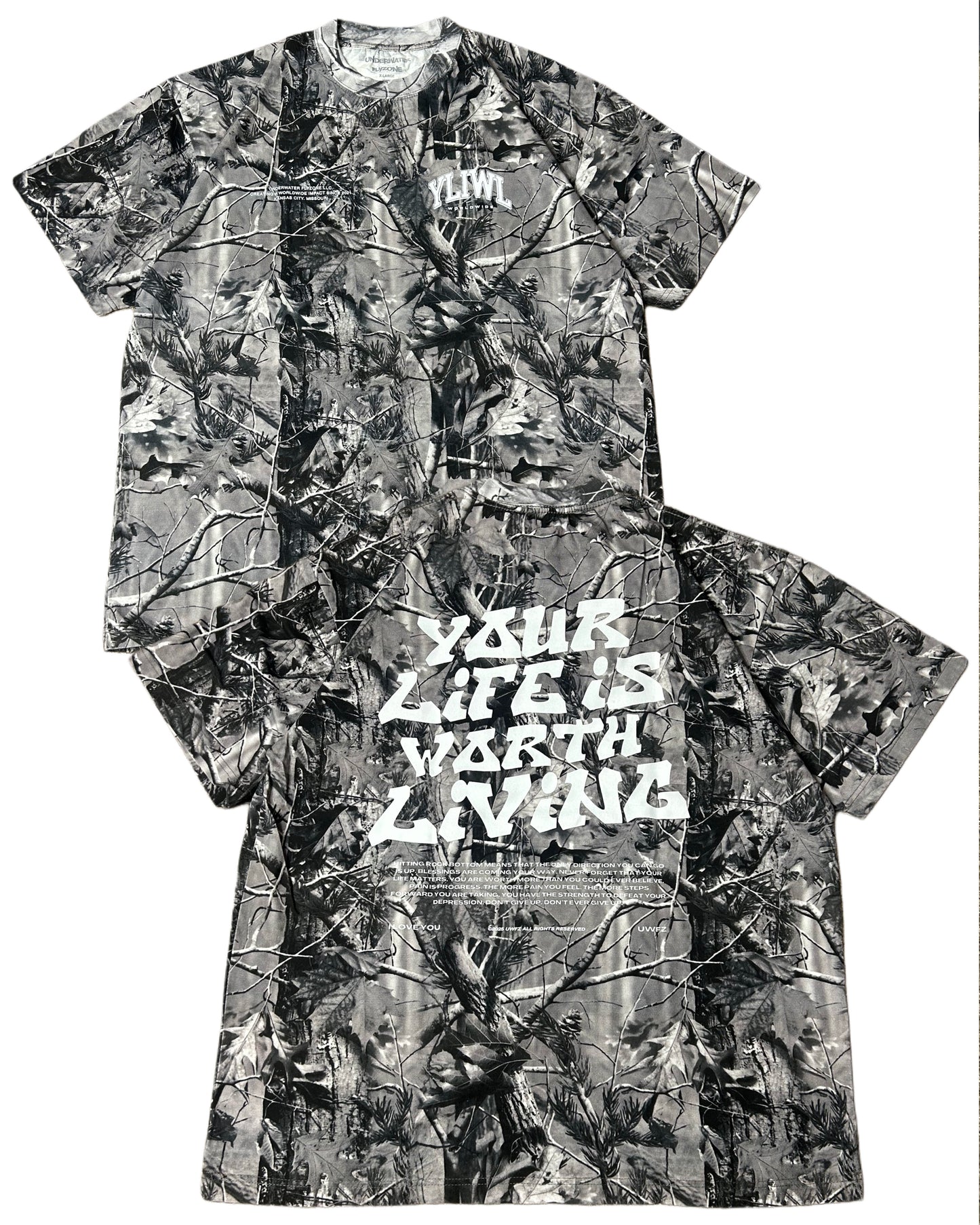White + B&W Camo "Your Life is Worth Living" Heavy Weight T-Shirt