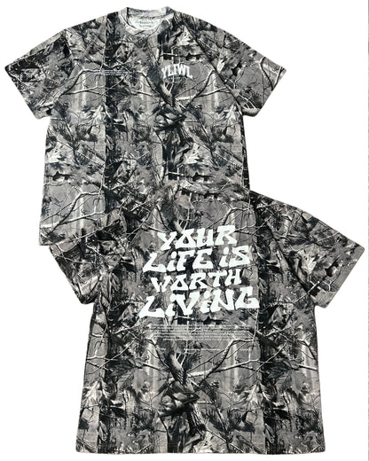 White + B&W Camo "Your Life is Worth Living" Heavy Weight T-Shirt
