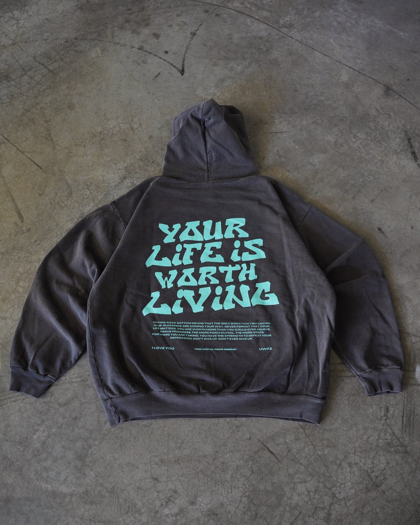 Teal + Vintage Black "YOUR LIFE IS WORTH LIVING" Hoodie (Collectors Edition)