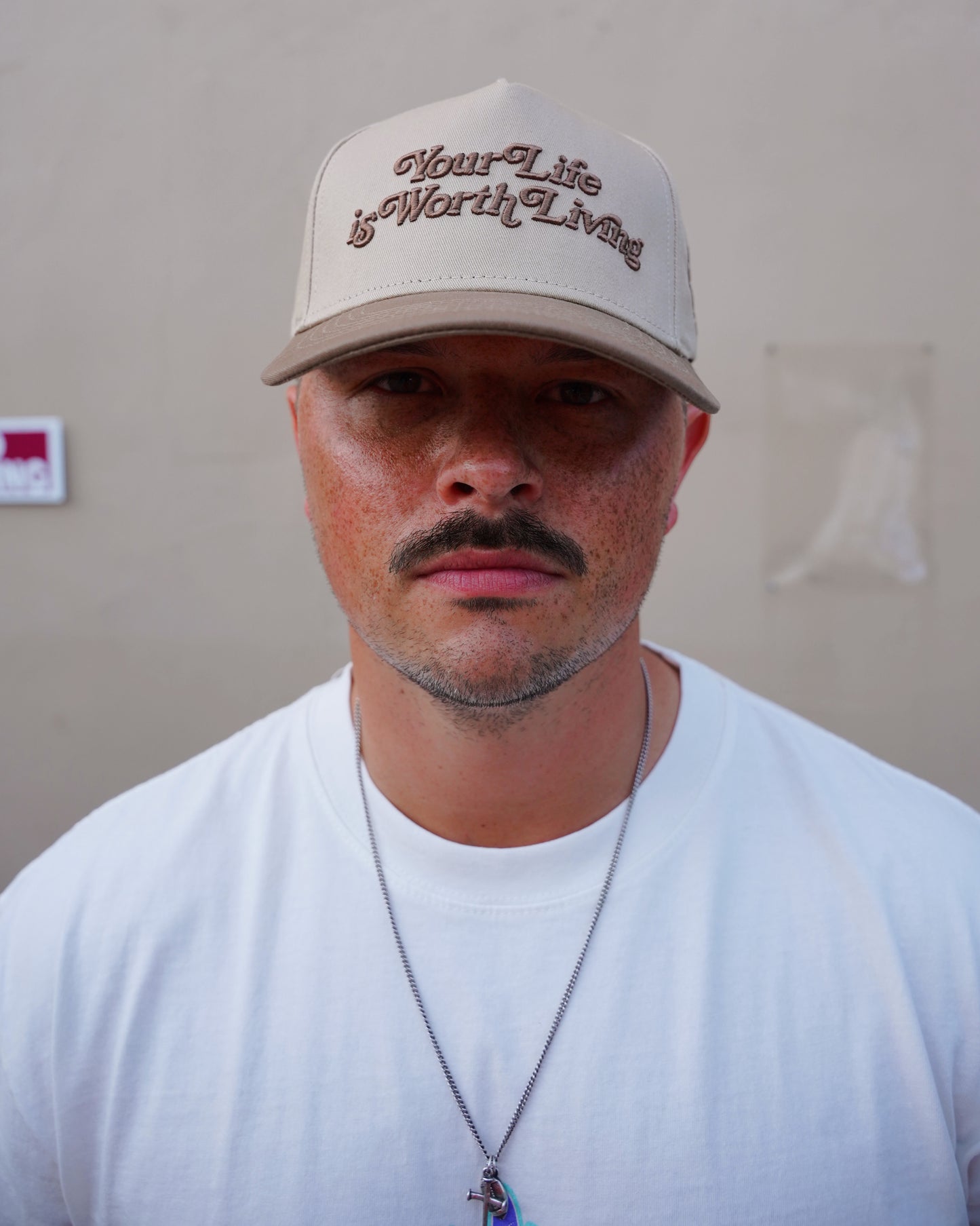 Tan + Brown "YOUR LIFE IS WORTH LIVING" Snapback Hat